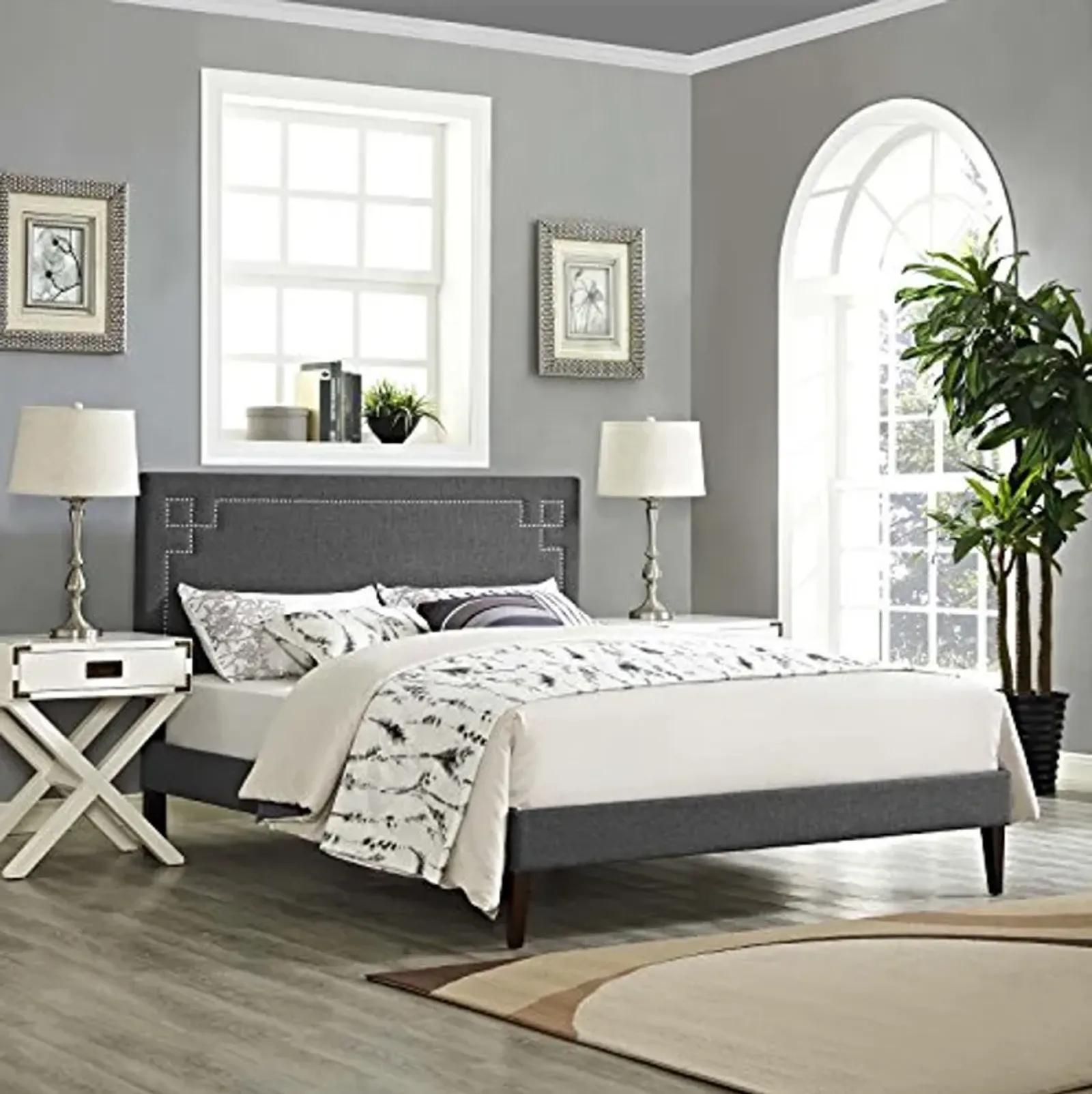 Modway Ruthie Fabric Upholstered Queen Platform Bed Frame in Gray With Tapered Legs