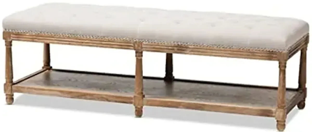 Baxton Studio Celeste French Country Weathered Oak Beige Linen Upholstered Ottoman Bench