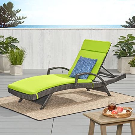 Christopher Knight Home Salem Outdoor Wicker Armed Chaise Lounge with Water Resistant Cushion, Grey / Green