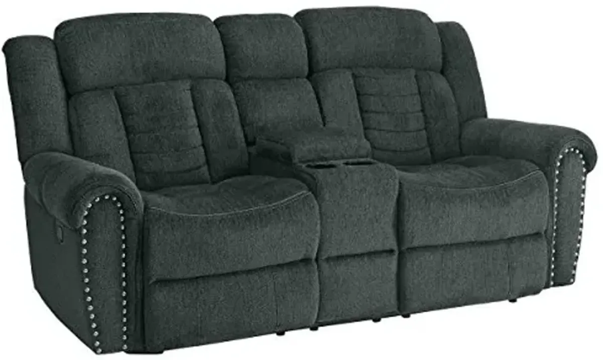 Homelegance Nutmeg Upholstered Double Reclining Loveseat with Console, Charcoal Gray