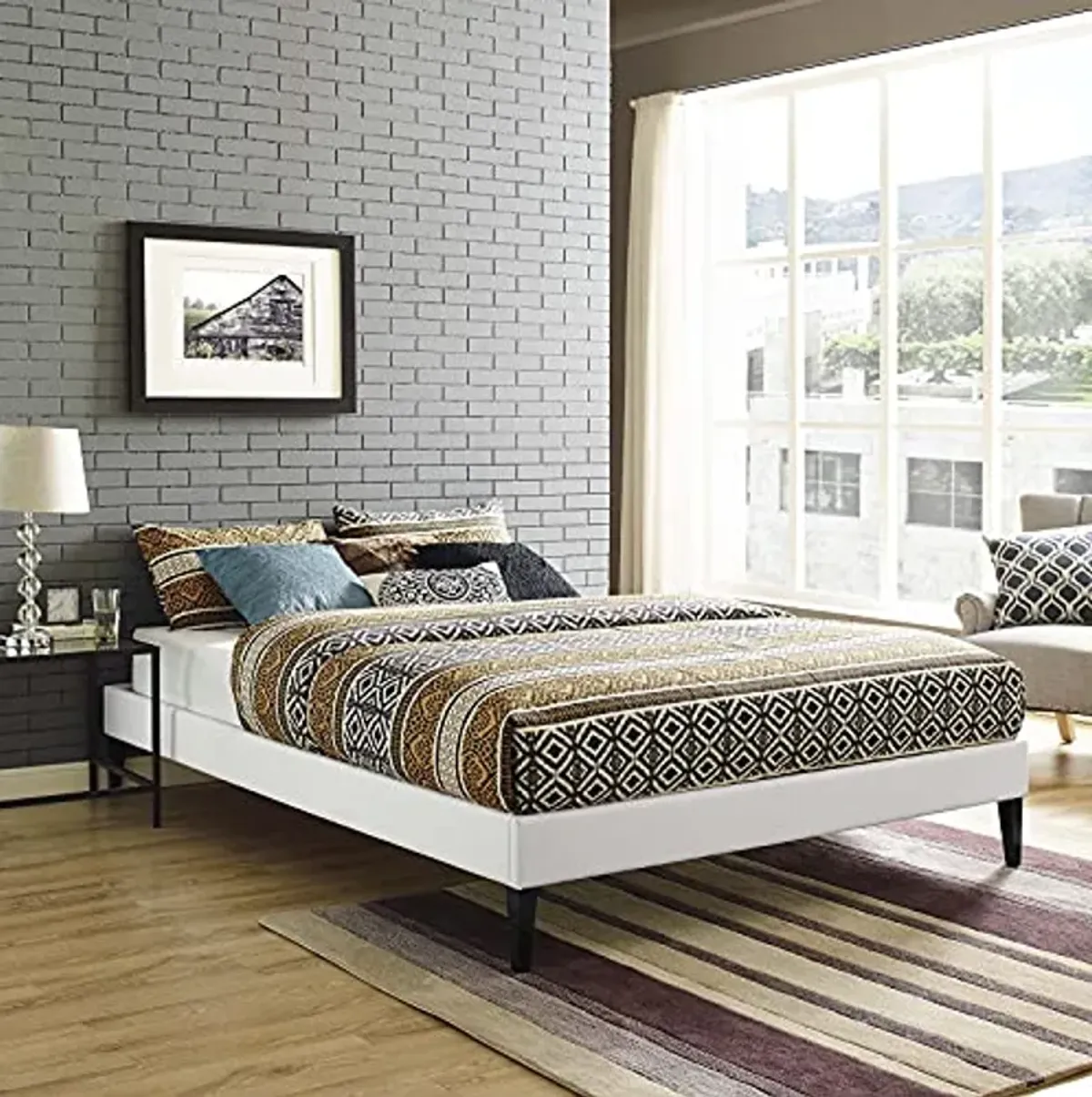 Modway Tessie Faux Leather Full Platform Bed Frame with Wood Slat Support in White