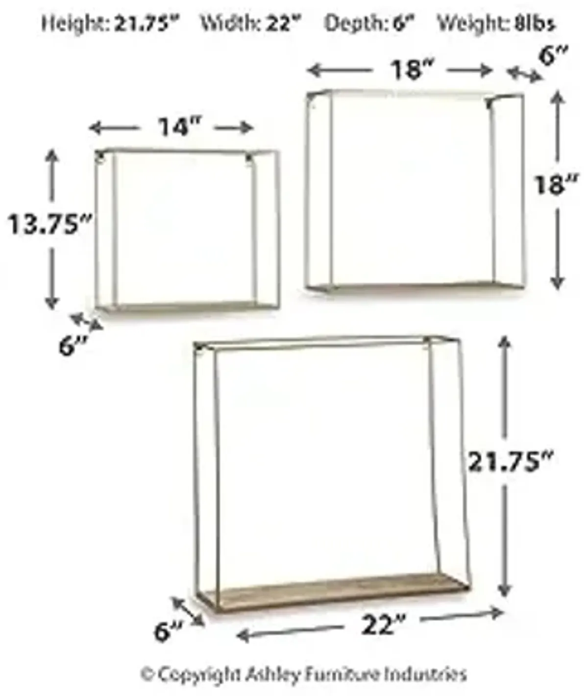 Signature Design by Ashley Efharis Shadow Box Set, 3 Piece Wall Shelf, Natural & Gold Finish