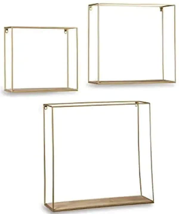 Signature Design by Ashley Efharis Shadow Box Set, 3 Piece Wall Shelf, Natural & Gold Finish