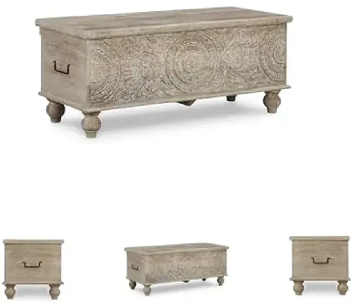 Signature Design by Ashley Fossile Ridge Boho Carved Wood Storage Bench with Hinge Top, Beige