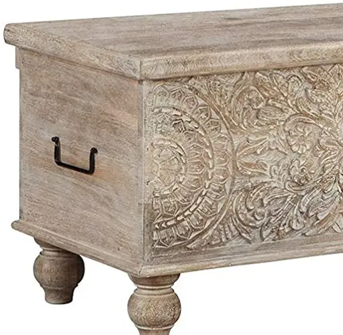 Signature Design by Ashley Fossile Ridge Boho Carved Wood Storage Bench with Hinge Top, Beige