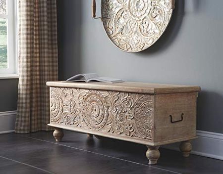 Signature Design by Ashley Fossile Ridge Boho Carved Wood Storage Bench with Hinge Top, Beige