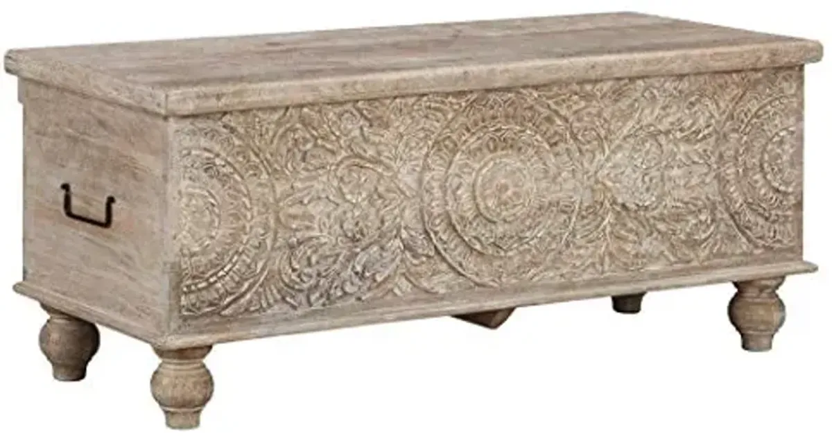 Signature Design by Ashley Fossile Ridge Boho Carved Wood Storage Bench with Hinge Top, Beige