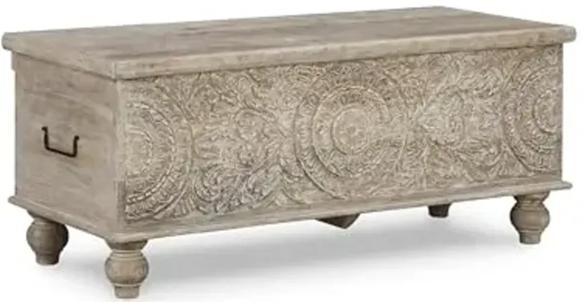 Signature Design by Ashley Fossile Ridge Boho Carved Wood Storage Bench with Hinge Top, Beige