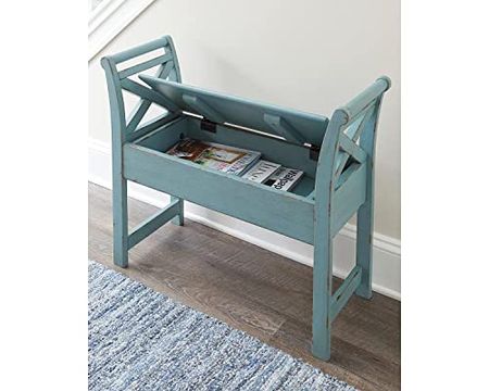 Signature Design by Ashley Heron Ridge Antique Distressed Wood Accent Bench with Storage, Blue