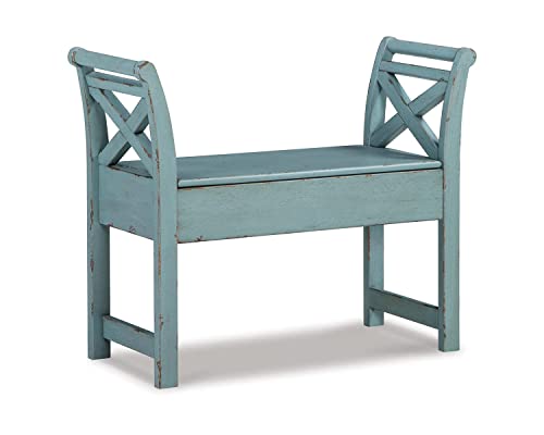 Signature Design by Ashley Heron Ridge Antique Distressed Wood Accent Bench with Storage, Blue