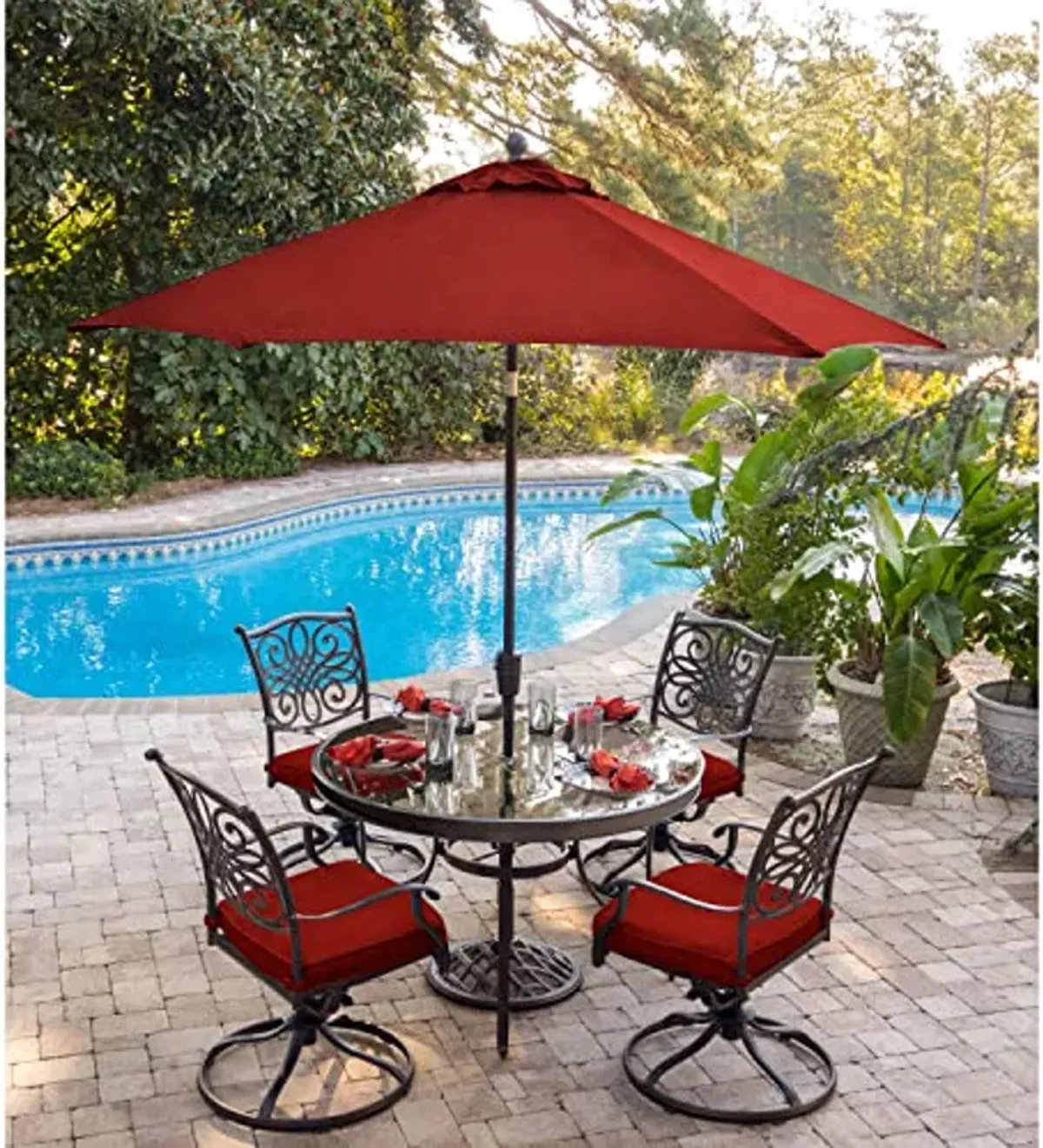 Hanover Traditions 9 Ft. Market Outdoor Umbrella with Tilt Crank Lever, Rust-Resistant, All-Weather, Red