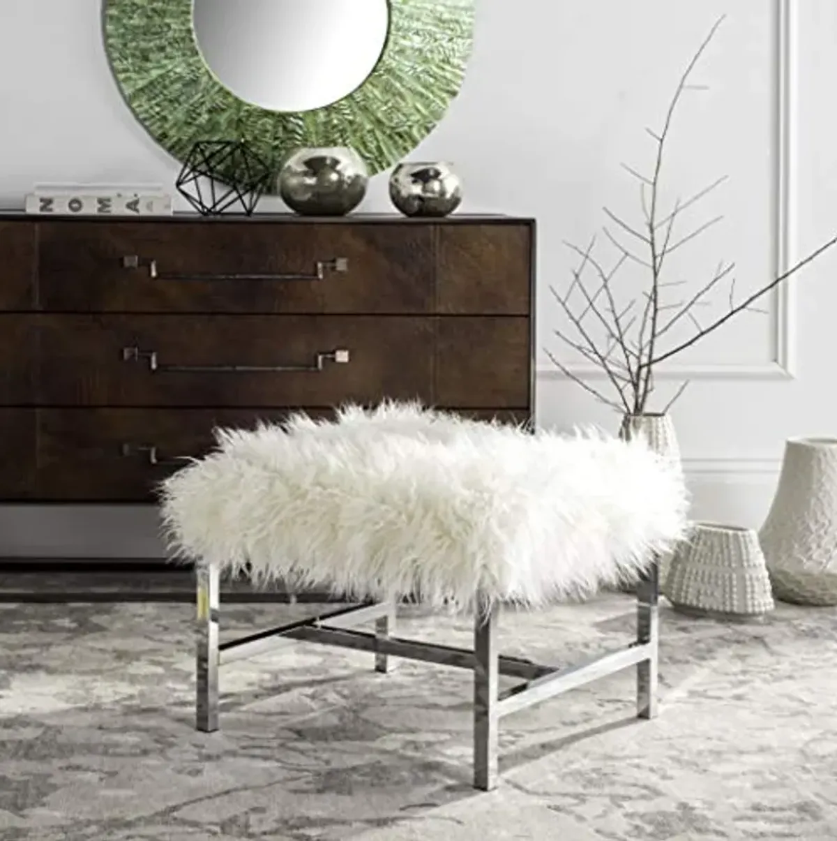 Safavieh Home Collection Horace White Faux Sheepskin and Chrome Square Bench