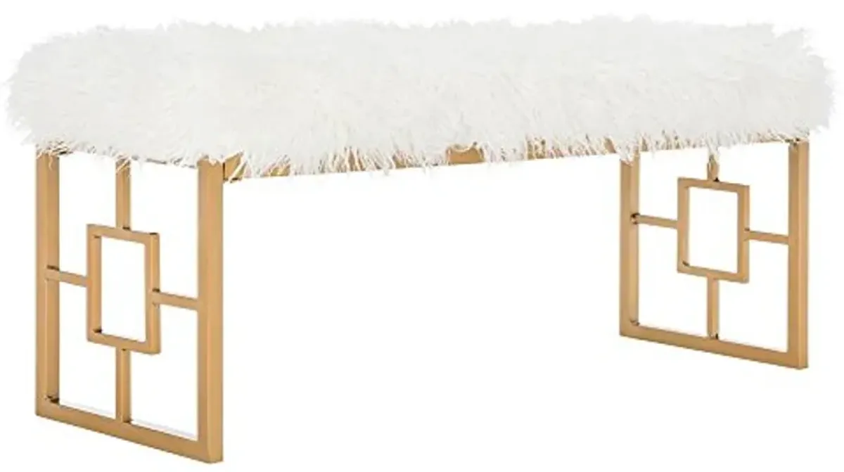 Safavieh Home Collection Mera Glam White Faux Sheepskin and Gold Bench