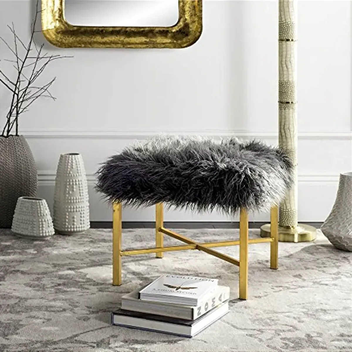 Safavieh Home Collection Horace Grey Faux Sheepskin and Gold Foil Square Bench