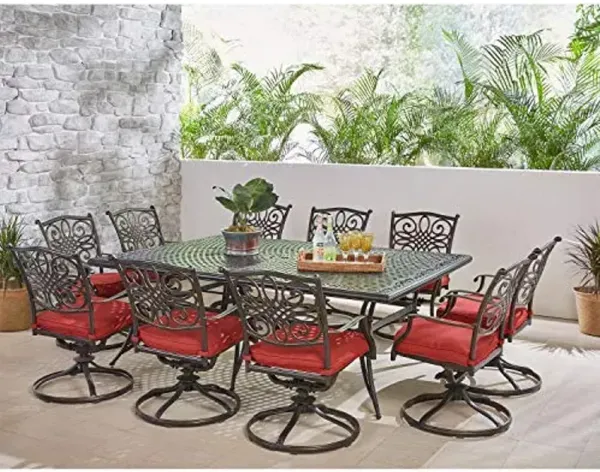Hanover Traditions 11-Piece Modern Outdoor Dining Set with Rust Resistant Cast Aluminum Rectangular Large Dining Table and 10 Swivel Rocker Chairs with Plush Weather Resistant Red Cushions