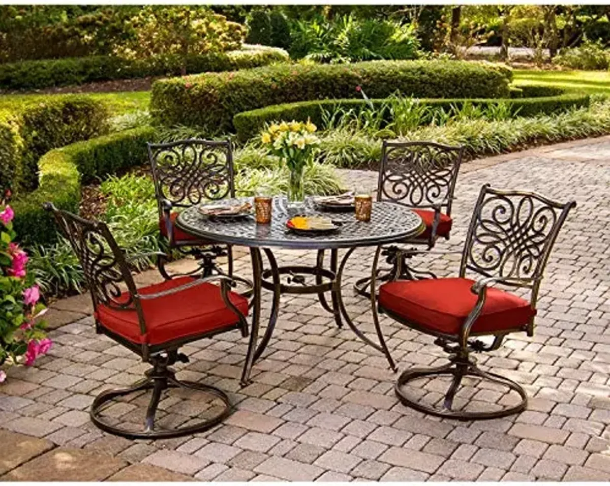 Hanover Traditions 5-Piece Patio Dining Set with Rust Resistant 48'' Round Dining Table and 4 Swivel Rocker Chairs with Plush Weather Resistant Autumn Berry Red Cushions, Modern Outdoor Dining Set
