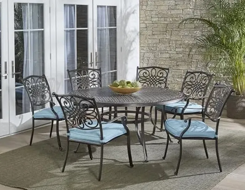 Hanover TRADDN7PCRD-BLU Traditions 7 Piece Six Chairs and a Cast-Top Table Dining Set, 60", Blue Outdoor Furniture