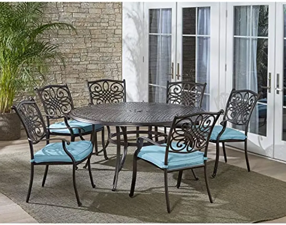 Hanover TRADDN7PCRD-BLU Traditions 7 Piece Six Chairs and a Cast-Top Table Dining Set, 60", Blue Outdoor Furniture