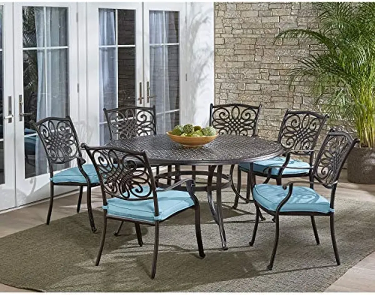 Hanover TRADDN7PCRD-BLU Traditions 7 Piece Six Chairs and a Cast-Top Table Dining Set, 60", Blue Outdoor Furniture