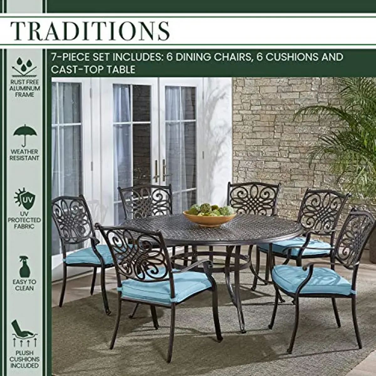 Hanover TRADDN7PCRD-BLU Traditions 7 Piece Six Chairs and a Cast-Top Table Dining Set, 60", Blue Outdoor Furniture