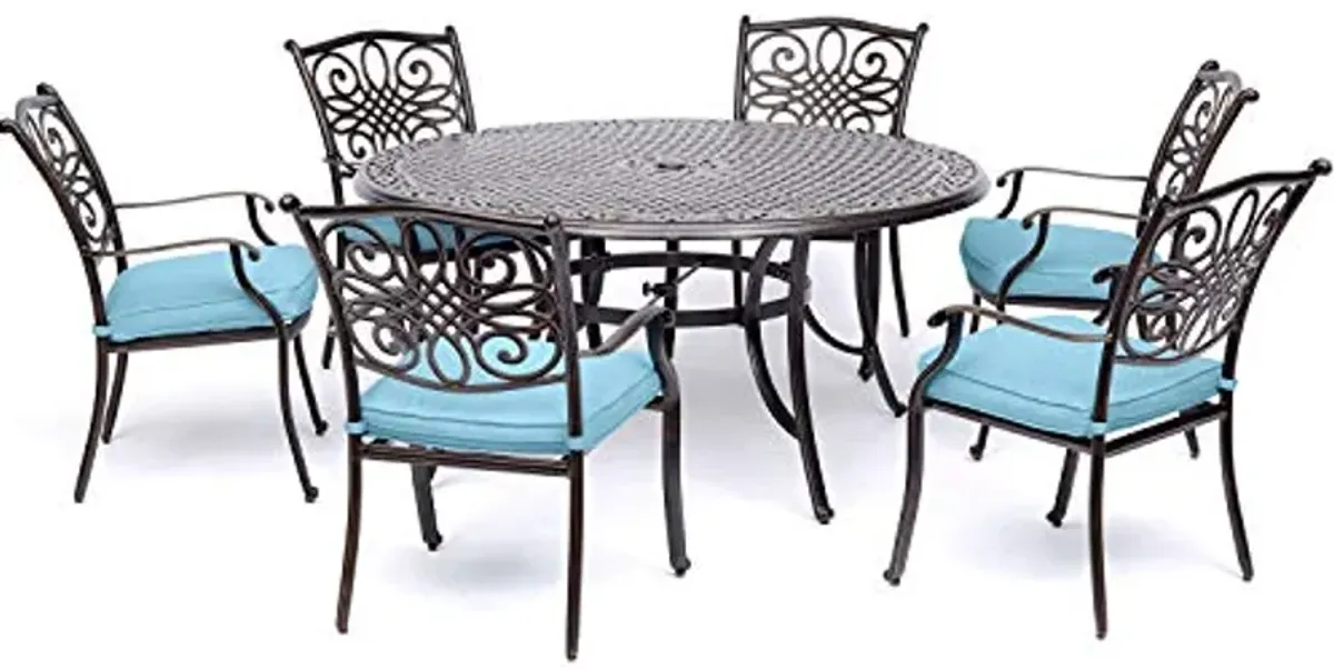 Hanover TRADDN7PCRD-BLU Traditions 7 Piece Six Chairs and a Cast-Top Table Dining Set, 60", Blue Outdoor Furniture