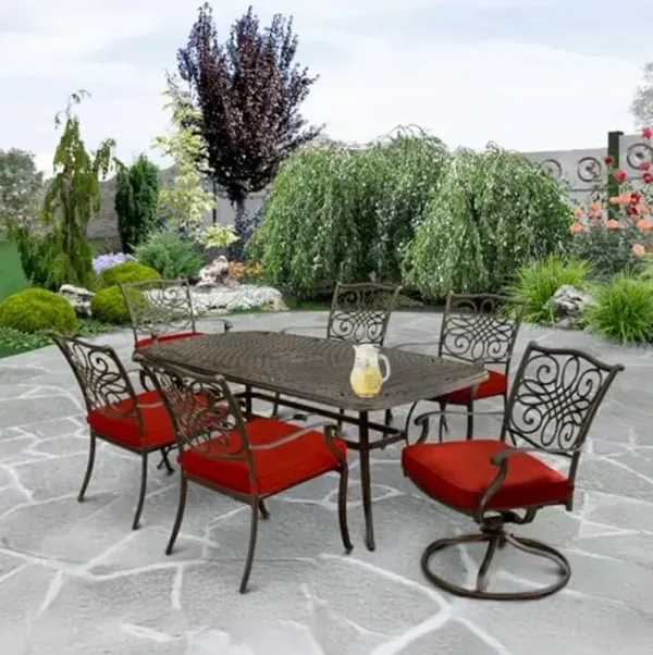 Hanover Traditions 7-Piece Cast Aluminum Outdoor Patio Dining Set, 4 Stationary Chairs, 2 Swivel Rocker Chairs, Brushed Bronze Finish with Red Cushions, Rust-Resistant