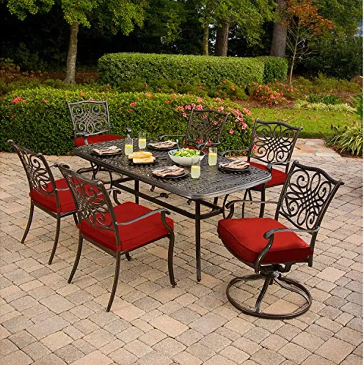 Hanover Red Traditions 7-Piece Outdoor Rust-Resistant Aluminum Table, 4 Elegant Chairs and 2 Rockers Cushions, Patio Dining Set for 6, 7PC SWIVEL & STATIONARY