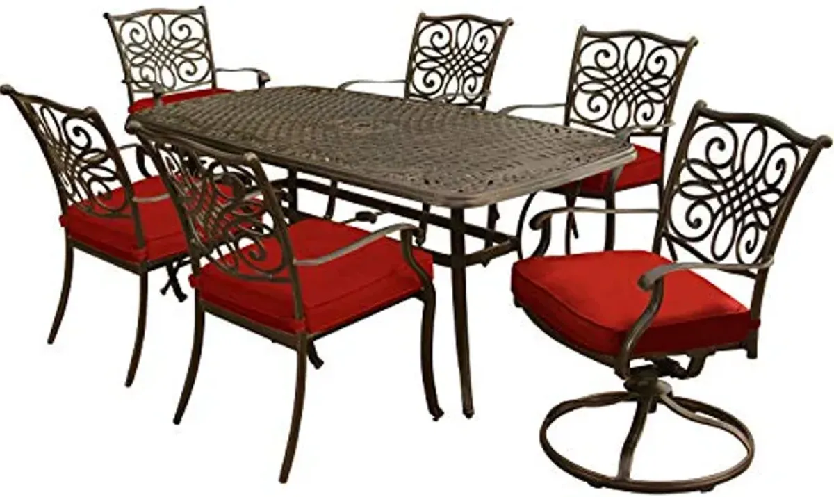 Hanover Red Traditions 7-Piece Outdoor Rust-Resistant Aluminum Table, 4 Elegant Chairs and 2 Rockers Cushions, Patio Dining Set for 6, 7PC SWIVEL & STATIONARY