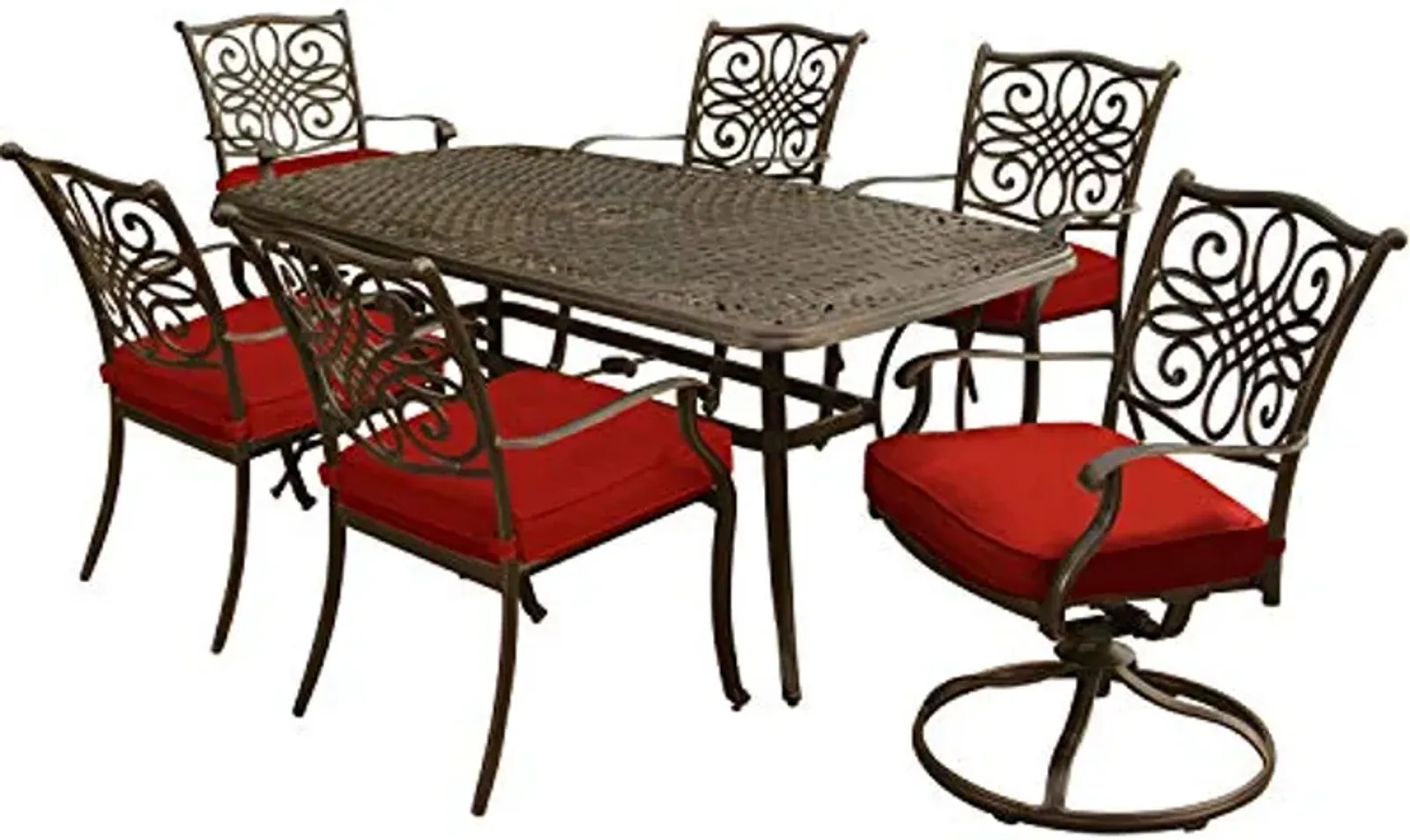 Hanover Red Traditions 7-Piece Outdoor Rust-Resistant Aluminum Table, 4 Elegant Chairs and 2 Rockers Cushions, Patio Dining Set for 6, 7PC SWIVEL & STATIONARY