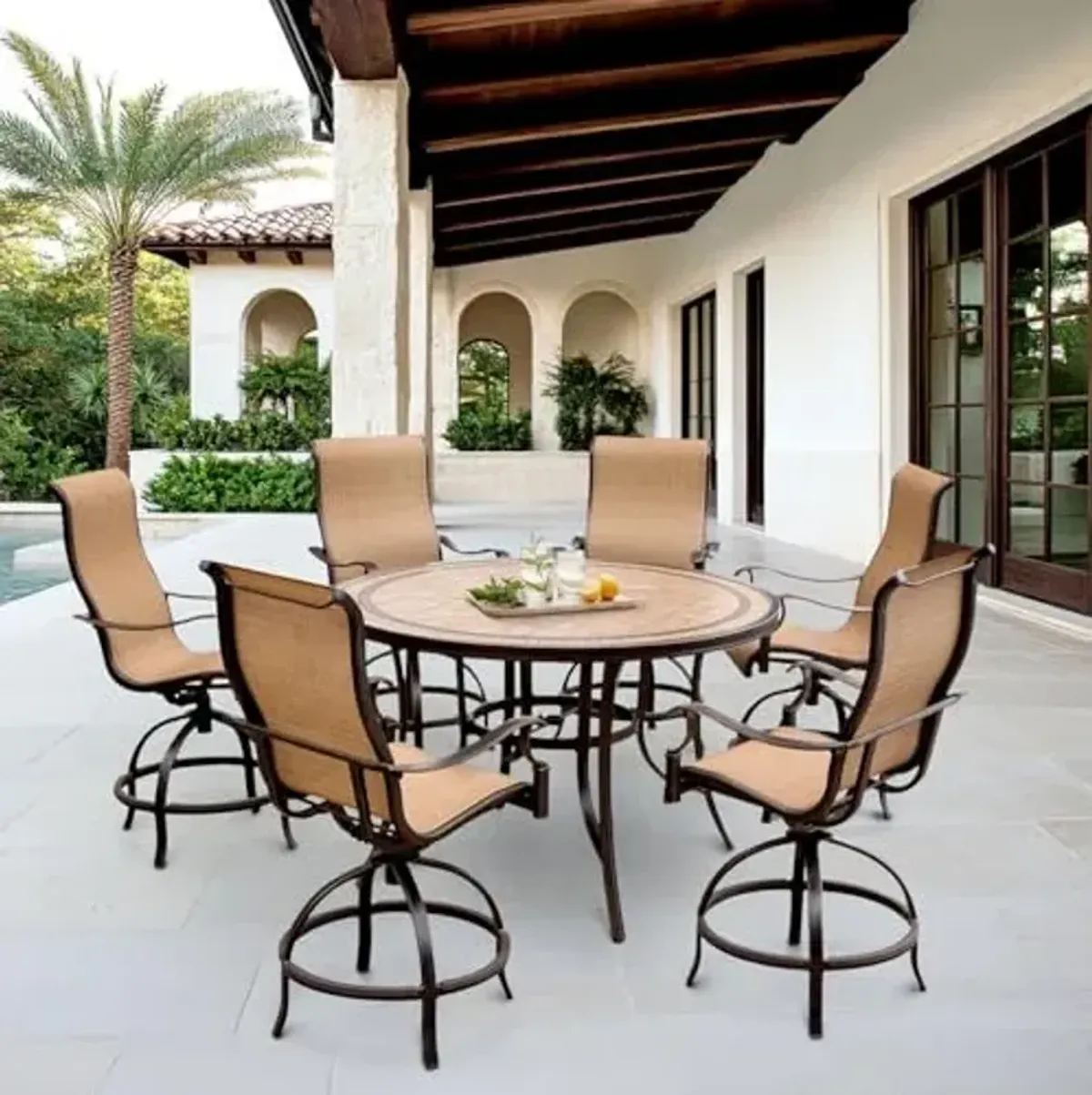 Hanover Traditions 7-Piece Outdoor Dining Set for 6 with Red Cushions, 6 Swivel Rockers, and Aluminum Rectangular Dining Table, Rust-Resistant Patio Dining Set