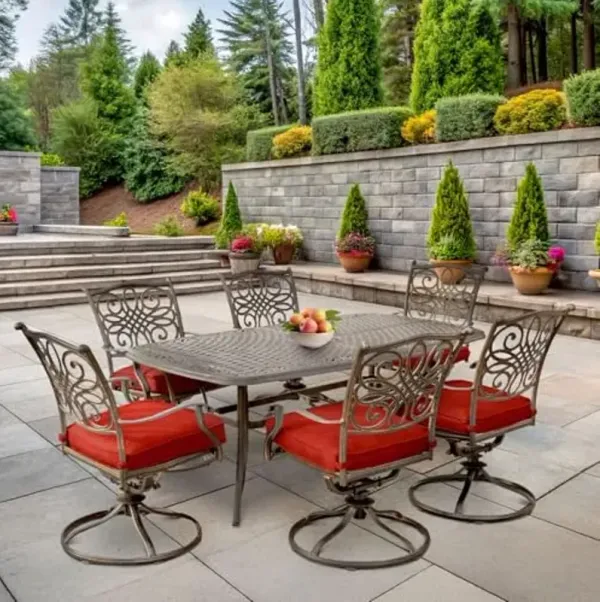 Hanover Traditions 7-Piece Outdoor Dining Set for 6 with Red Cushions, 6 Swivel Rockers, and Aluminum Rectangular Dining Table, Rust-Resistant Patio Dining Set