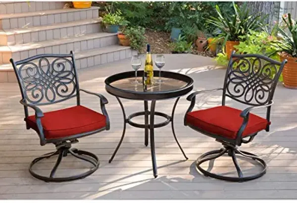 Hanover Traditions 3-Piece Patio Bistro Set with 2 Swivel Rockers and 30 in. Glass-Top Table, All-Weather Outdoor Conversation Set for 2 for Backyard, Patio, Porch, Deck