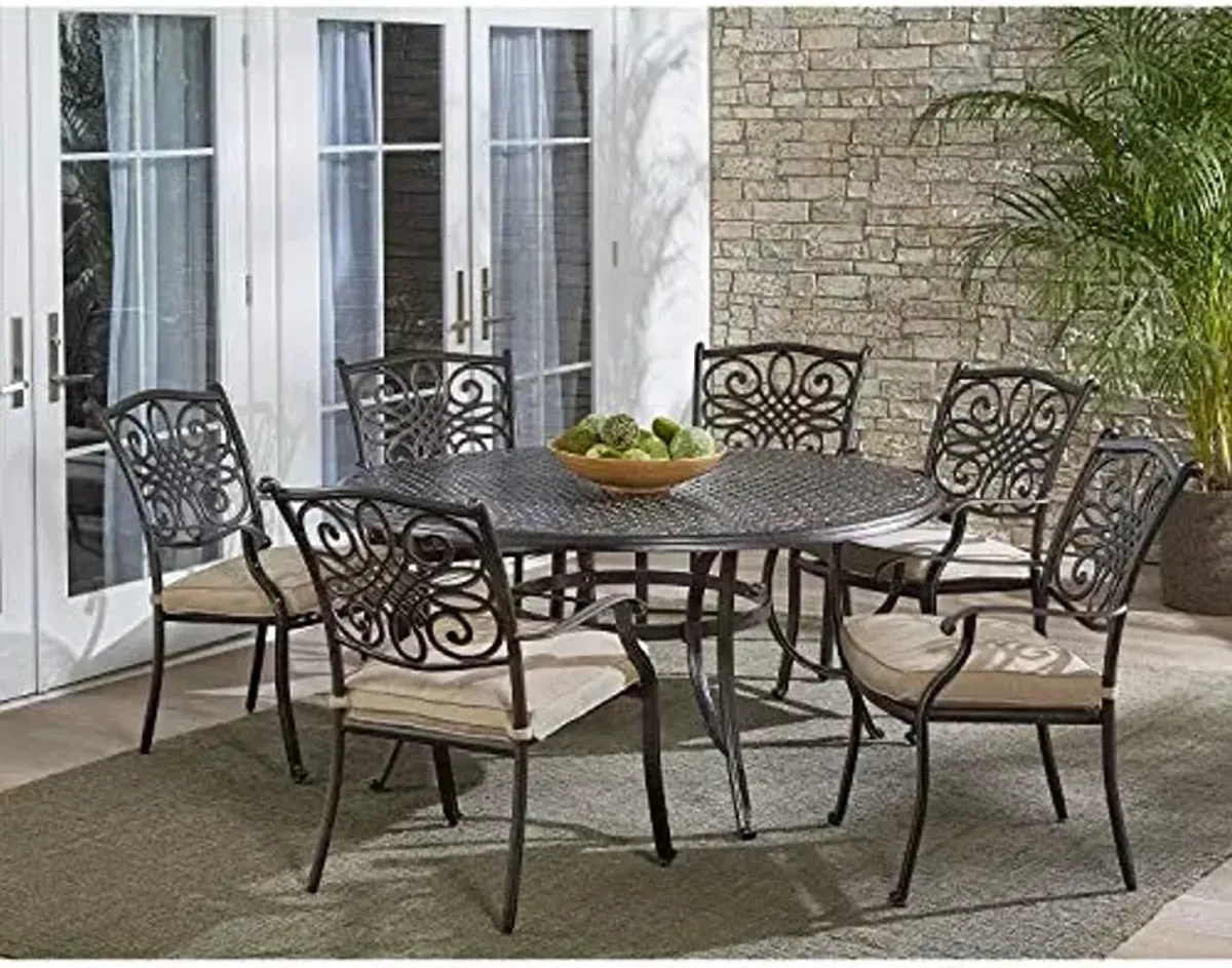 Hanover Traditions 7-Piece Outdoor Dining Set in Tan with Six Dining Chairs, Cushions and a 60 In. Round Cast-top Table, UV and Weather-Resistant, All-Weather Patio Dining Set for 6