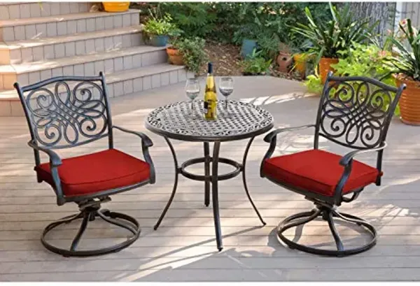 Hanover Traditions 3-Piece Bistro Set with 2 Swivel Rocker Chairs, Plush Red Cushions, and 32" Cast-Top Patio Table, Space-Saving Outdoor Patio Set for Porch, Deck, Patio, and Backyard