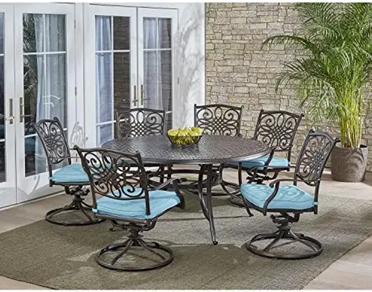 Hanover Traditions 7-Piece Patio Dining Set with 60" Round Cast-Top Table and Swivel Rockers with Blue Cushions, Patio Dining Set for 6, Premium Weather Resistant Outdoor Dining Set