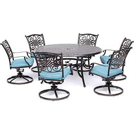Hanover 7-Piece Blue Six Traditions 60" Round Cast-Top Table and 6 Swivel Rockers Cushions, Patio Dining Set for 6, Premium Weather Resistant Outdoor Furniture