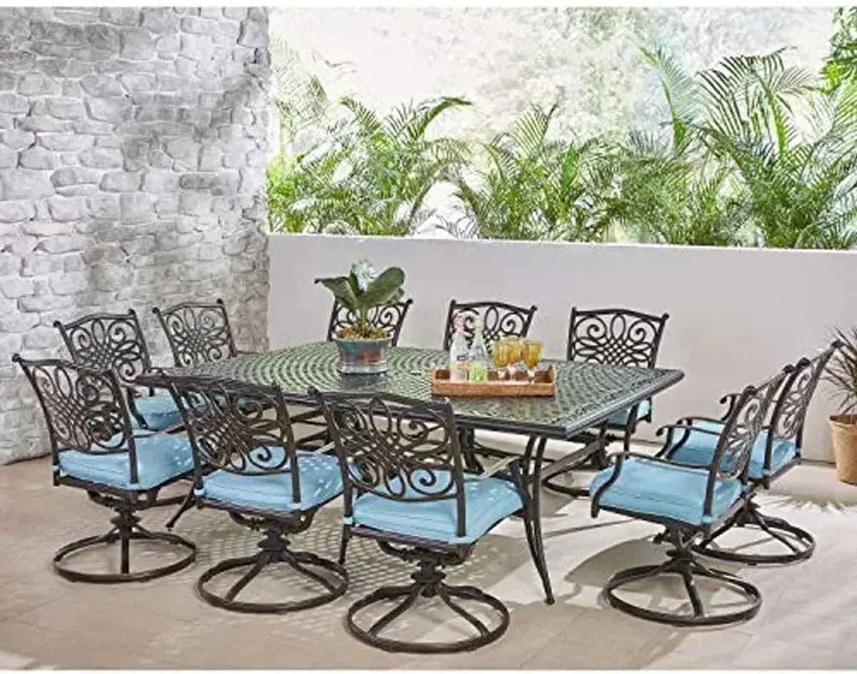 Hanover Traditions 11-Piece Modern Outdoor Dining Set with Rust Resistant Cast Aluminum Rectangular Large Dining Table and 10 Swivel Rocker Chairs with Plush Weather Resistant Blue Cushions