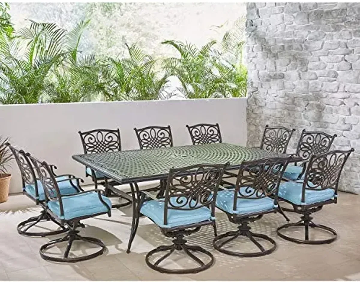 Hanover Traditions 11-Piece Modern Outdoor Dining Set with Rust Resistant Cast Aluminum Rectangular Large Dining Table and 10 Swivel Rocker Chairs with Plush Weather Resistant Blue Cushions