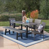 Christopher Knight Home Morrison Outdoor Stacking Wicker Dining Set with Lightweight Concrete Table and Bench, 6-Pcs Set, Natural Grey / Black / Grey