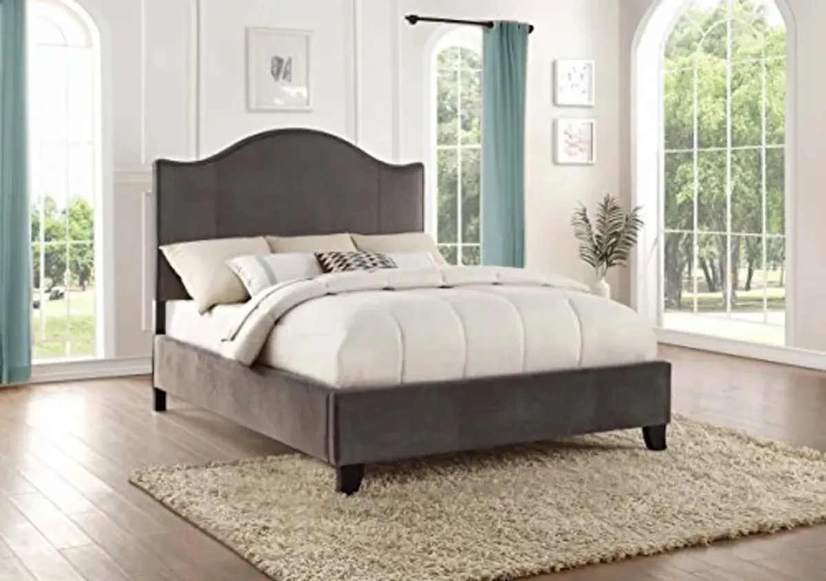 Lexicon Queen Bed Frame with Headboard, Traditional Bed Frame Queen Size, Velvet Upholstered Bed Frame with Nailhead Trim On Camelback Headboard, Box Spring Required, Easy Assembly, Gray