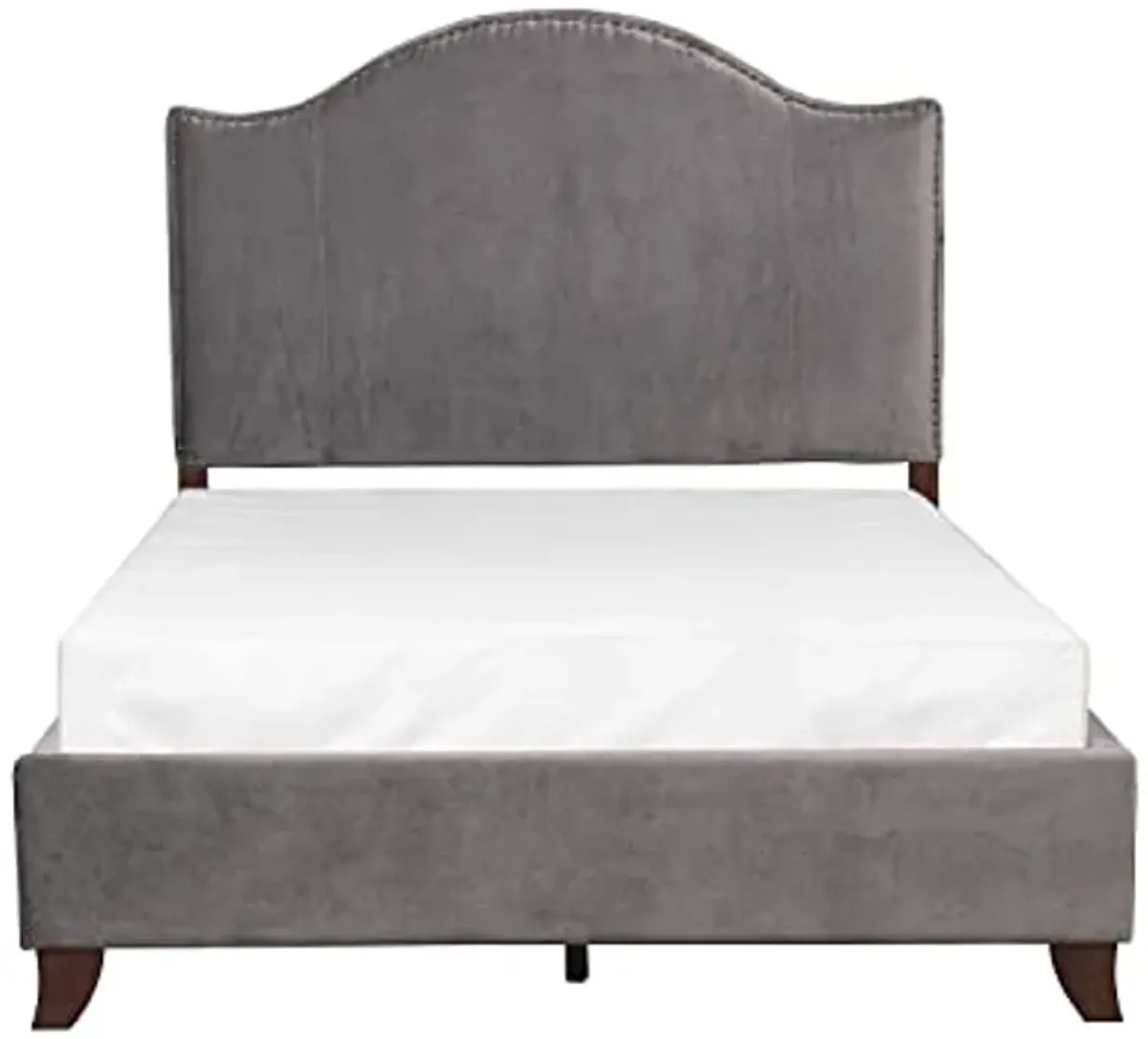 Lexicon Queen Bed Frame with Headboard, Traditional Bed Frame Queen Size, Velvet Upholstered Bed Frame with Nailhead Trim On Camelback Headboard, Box Spring Required, Easy Assembly, Gray