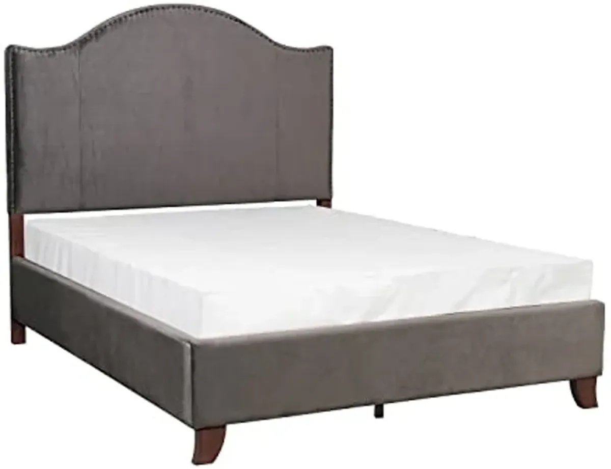 Lexicon Queen Bed Frame with Headboard, Traditional Bed Frame Queen Size, Velvet Upholstered Bed Frame with Nailhead Trim On Camelback Headboard, Box Spring Required, Easy Assembly, Gray