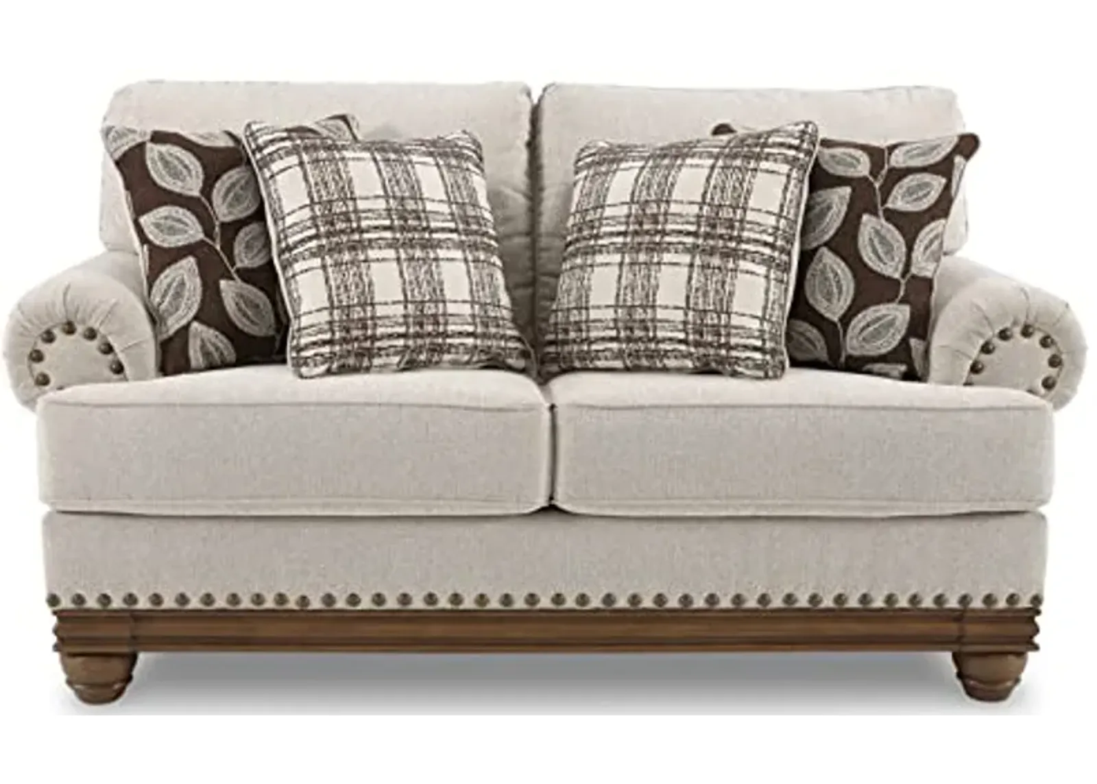 Signature Design by Ashley Harleson Modern Farmhouse Loveseat with Nailhead Trim and 4 Accent Pillows, Beige