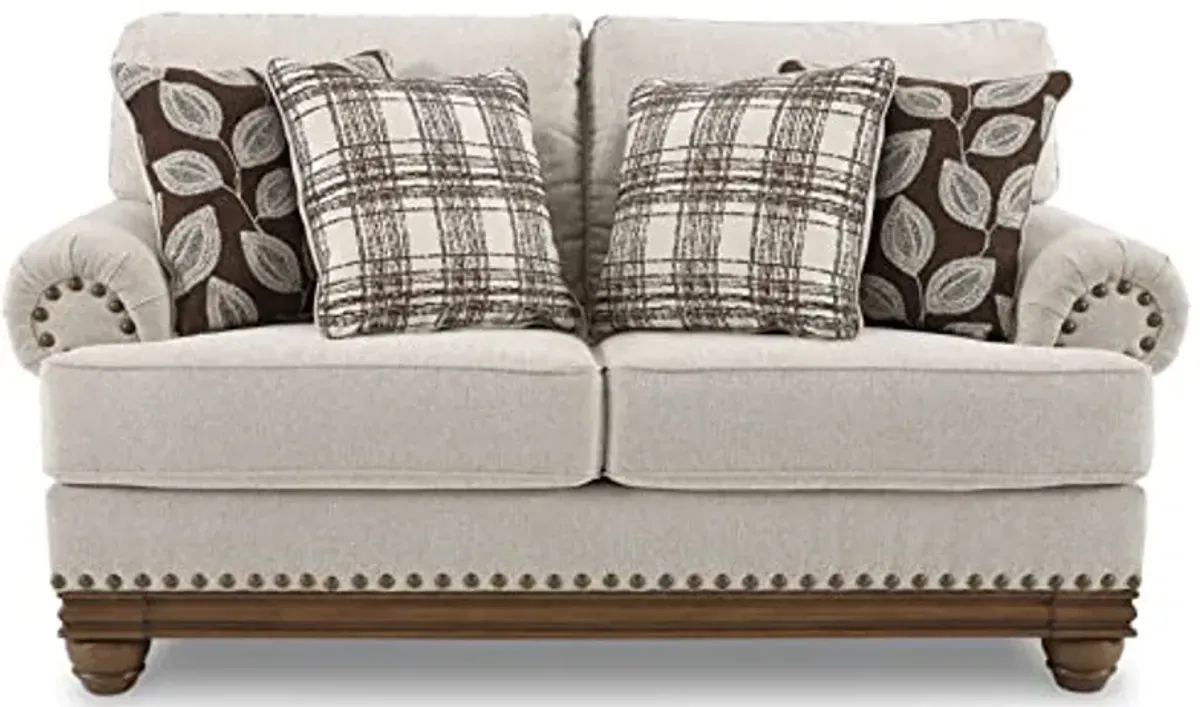 Signature Design by Ashley Harleson Modern Farmhouse Loveseat with Nailhead Trim and 4 Accent Pillows, Beige