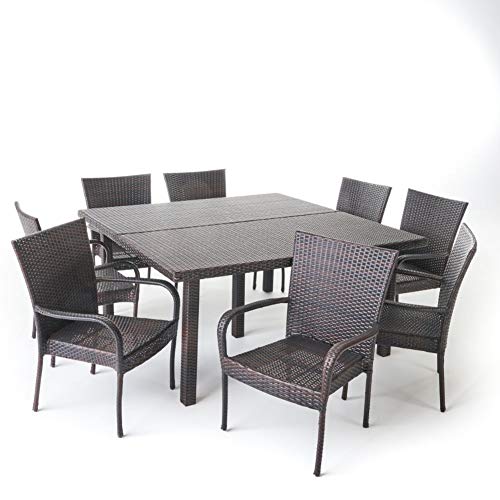 Christopher Knight Home Fiona Outdoor Stacking Wicker Square Dining Set, 9-Pcs Set, Multibrown