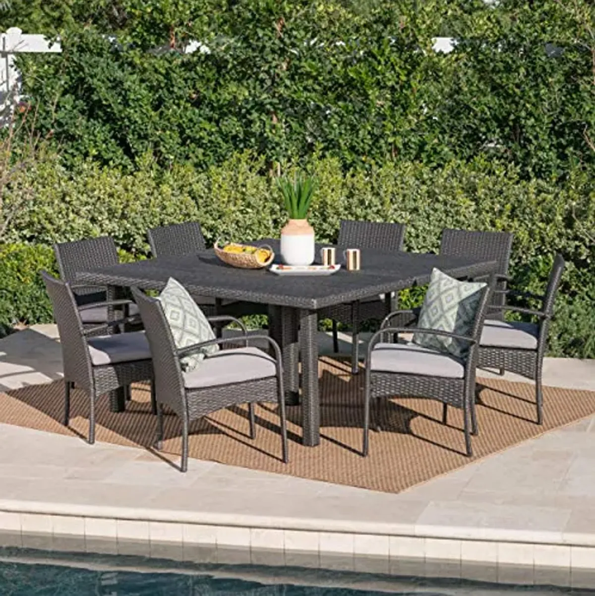 Christopher Knight Home Chadney Outdoor Wicker Square Dining Set with Water Resistant Cushions, 9-Pcs Set, Grey / Grey Cushions