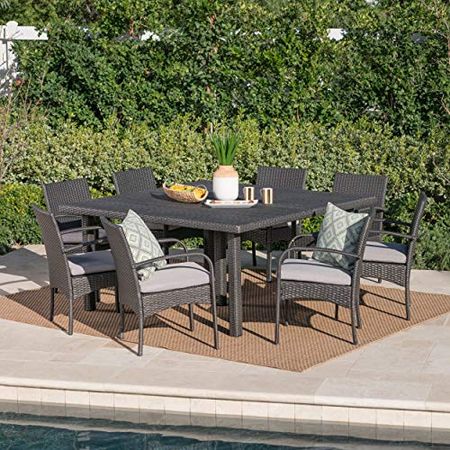 Christopher Knight Home Chadney Outdoor Wicker Square Dining Set with Water Resistant Cushions, 9-Pcs Set, Grey / Grey Cushions