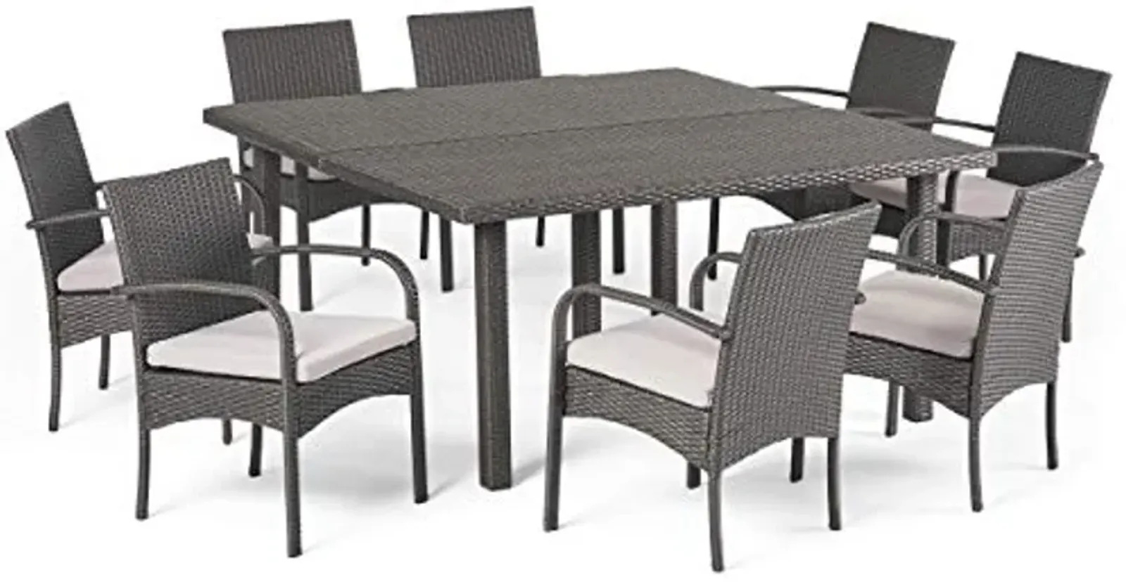 Christopher Knight Home Chadney Outdoor Wicker Square Dining Set with Water Resistant Cushions, 9-Pcs Set, Grey / Grey Cushions