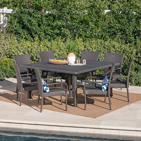 Christopher Knight Home Fiona Outdoor Stacking Wicker Square Dining Set, 9-Pcs Set, Grey