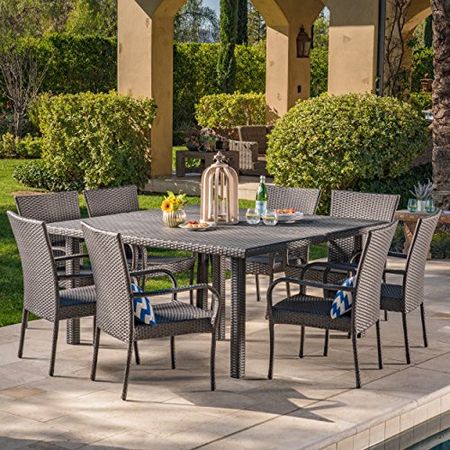 Christopher Knight Home Fiona Outdoor Stacking Wicker Square Dining Set, 9-Pcs Set, Grey